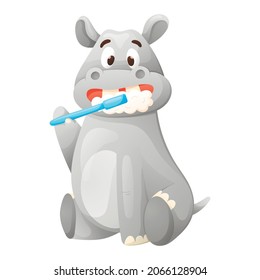 Vector isolated illustration of cartoon funny sitting hippo with toothbrush and foam.