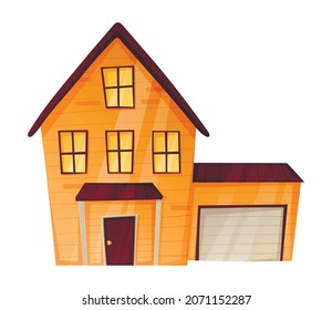 Dibujo aislado vectorial de una casa de dibujos animados o cabaña con luz en las ventanas y un garaje.