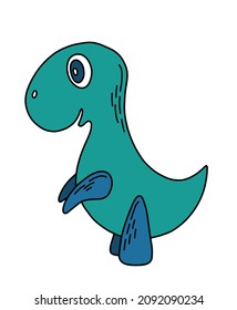 Vector isolated illustration with cartoon little dinosaur in green and blue colors. Cute funny children character. Nice illustration for print, poster, card, sticker. 