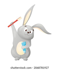 Vector isolated illustration of cartoon rabbit with toothbrush and toothpaste.