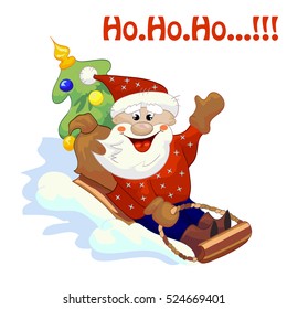 A vector isolated illustration of cartoon Santa sliding down the snow hill on a sled with his bag of  gifts and decorated christmas tree. Element for banner, post card, coloring book, etc..