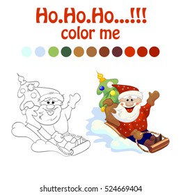 A vector isolated illustration of cartoon Santa sliding down the snow hill on a sled with his bag of New Year gifts and decorated christmas tree. Element for banner, post card, coloring book, etc..