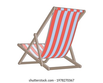 Vector isolated illustration in cartoon style. Deck chair. Furniture for relaxing at the ocean shore or for sunbathing in the garden. Striped pattern cloth on wooden frame.