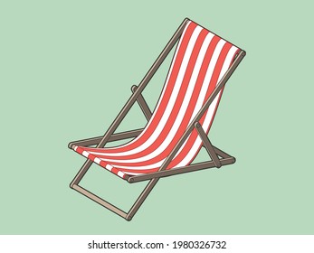 Vector isolated illustration in cartoon style. Isometric deck chair. Furniture for relaxing at the ocean shore or for sunbathing in the garden. Red and white striped pattern cloth on wooden frame.