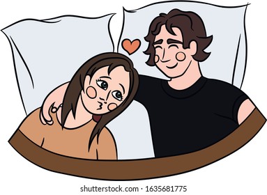 Vector isolated illustration. Cartoony characters for St. Valentine's Day greetings. Young man and woman together hugging each other sleeping in bed. Air kiss. Heart symbol. Boyfriend & girlfriend.