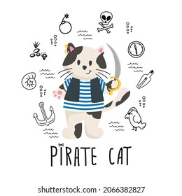 Vector isolated illustration character cat  with doodle pirate bundle elements and Pirate cat lettering
