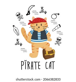 Vector isolated illustration character cat  with doodle pirate bundle elements and Pirate cat lettering