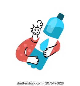 Vector isolated illustration with character holding and carrying an enlarged bottle of pure spring water. Concept of quenching thirst, drinking, health. You can use element in web design, banners, etc