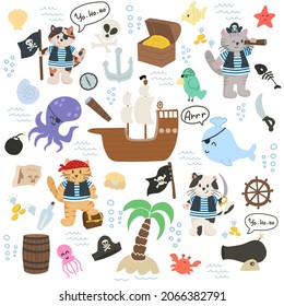 Vector isolated illustration characters pirates cats and
pirate bundle, ship, whale, island, octopus, chest. Marine kids theme for fabric, textile, packaging 
