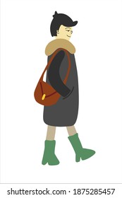 Vector ilustra de manera aislada a una sonriente mujer alegre que lleva botas verdes, abrigo oscuro y sombrero negro. Concepto de estilo plano de mujer que camina feliz con ropa cálida. Concepto creativo para pegatinas, imprimir