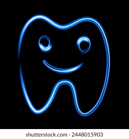 Vector isolated illustration of a cheerful tooth with neon effect. Dental treatment. Dentistry.