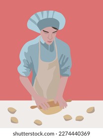 Vektorgrafik des Chefjungen. Teigvorbereitung. Kochen. Zubereitung von Gebäck.