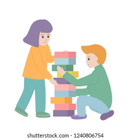 Vector isolated illustration of children playing with the cubes. Boy and girl are building the tower with coloreful blocks.