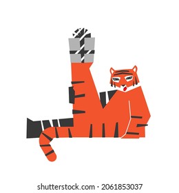 Vector isolated illustration for Christmas Decoration. Symbol of Chinese New Year 2022 - Year of the Tiger. Winter sale logo. Siberian tiger loves sport exercise and stretching on fitness. 