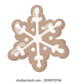 Vector isolated illustration of a Christmas gingerbread cookie in the shape of a snowflake with white glaze.
