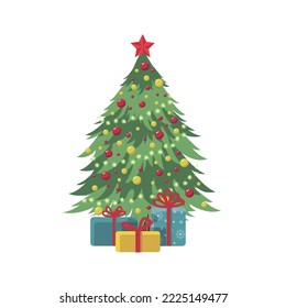 
vector isolated illustration of christmas tree decorated with lanterns and christmas balls with gift boxes in cartoon style. decorative element for postcard, sticker or icon