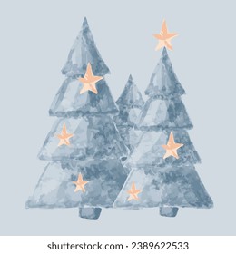 Vector isolated illustration of Christmas trees with stars. Greeting Christmas card.