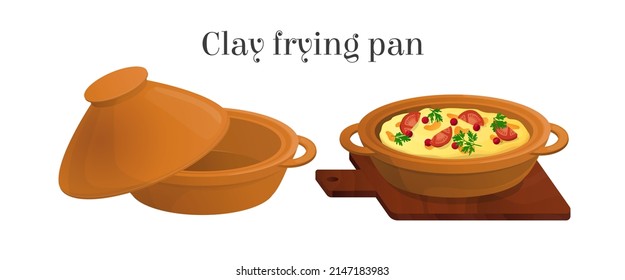 Vector isolated illustration with a clay frying pan, Georgian ketsi, empty with and ready made food. The concept of frying pans, tableware. It can be used in web design, banners, etc.