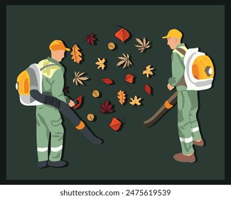 Vector isolated illustration of cleaning autumn leaves. A municipal service worker removes autumn leaves with a vacuum cleaner.	