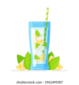 Vector isolated illustration of a clear glass with a sour lemon cocktail. Glass of freshly squeezed citrus lime and lemon juice with a straw, summer banner, refreshing drink with lemon slices.