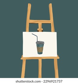 Vector isolated illustration of coffee advertisement. Coffee poster. Easel with a pattern of coffee. Takeaway coffee.