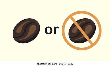 Vector isolated illustration with coffee beans on a light yellow background. Dilemma. Drinking coffee of not. 
Prohibition. Pregnancy issue