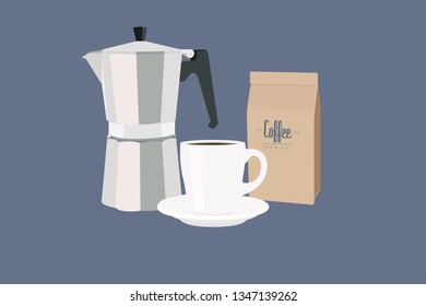 Vector Isolated Illustration of a Coffee Maker, a Coffe Cup and a Coffee Mockup Package 