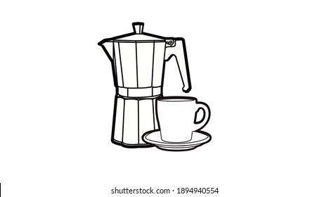 Vector Isolated Illustration of a Coffee Maker and a Cup of Coffee. Black and White Coffee Maker and Cup of Coffee Icon