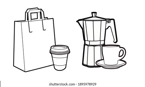 Vector Isolación Ilustración de un Cafetero, una Bolsa de Papel y una Copa de Café. Cafetera en blanco y negro, retirar bolsa e ícono de copa de café