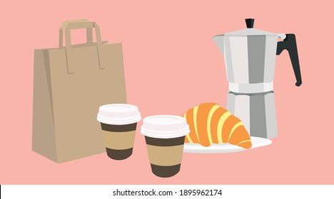 Ilustración aislada del vector de un juego de café Take Away, con una bolsa de papel, dos tazas de café de papel, una cafetera y un cruasán