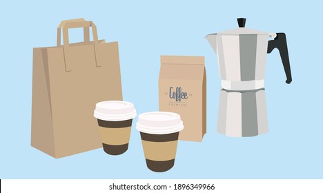 Vector Isolated Illustration of a Coffee Take Away Set, with two paper cups of coffee, a coffee maker, a coffee package and a paper bag