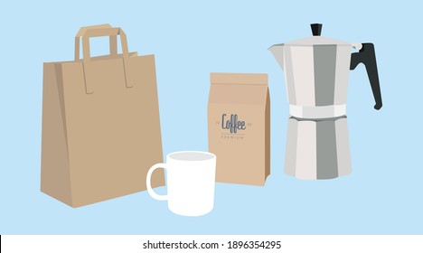 Vector Isolated Illustration of a Coffee Take Away Set, with a coffee mug, a coffee maker, a coffee package and a paper bag