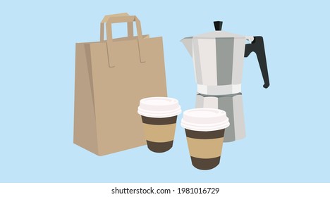Vector Isolated Illustration of a Coffee Take Away Set, with two paper cups of coffee, a coffee maker and a paper bag