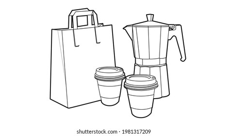 Vector Isolated Illustration of a Coffee Take Away Set, with two paper cups of coffee, a coffee maker and a paper bag