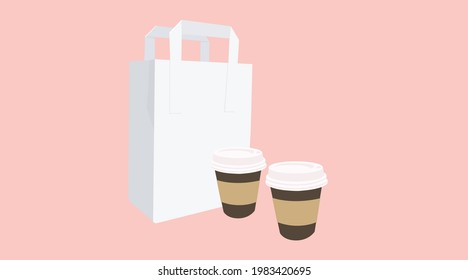 Vector Isolated Illustration of a Coffee Take Away Set, with two paper cups of coffee, and a paper bag