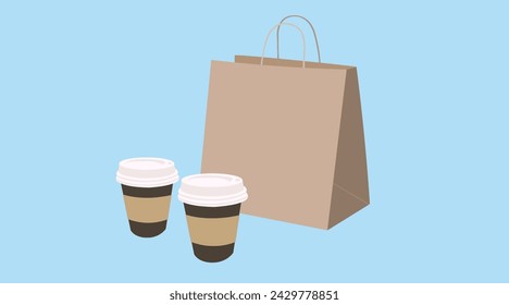 Vector Isolated Illustration of a Coffee Take Away Set, with two paper cups of coffee, and a paper bag