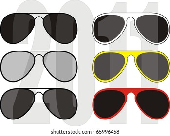 Vector isolated illustration - collection fashionable classical ("police", "pilot") and the sport glasses, different colors frames and UV - protection of lenses. Trend 2011