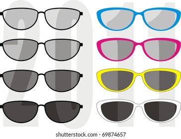 Vector isolated illustration - collection fashionable and sport sunglasses, different colors frames and UV - protection of lenses. Trend 2011