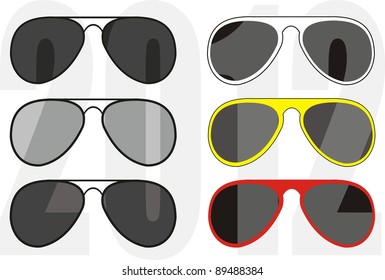 Vector isolated illustration - collection fashionable classical ("police", "pilot") and sport glasses, white and black frames, UV - protection of lenses. Trend 2012. White background