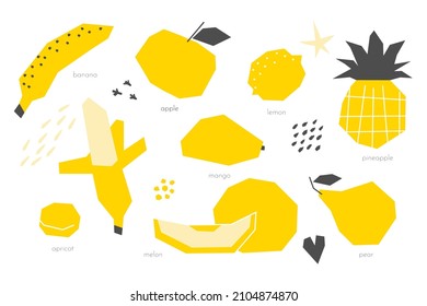 Colección de ilustraciones aisladas de vectores con frutos maduros amarillos (piña, plátanos). Está equipado con productos naturales de calidad plana. La comida orgánica es sana, vegetariana. Formas geométricas simples sobre fondo blanco