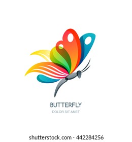 Vector isolated illustration of colorful abstract butterfly. Creative logo design element. Butterfly symbol. Concept for beauty salon, fashion, spa, natural organic cosmetics or makeup.