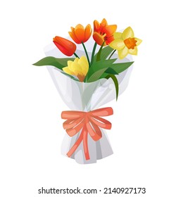 Vector isolated illustration with colorful bouquet of spring flowers, tulips, daffodils, crocuses wrapped and with ribbon bow. Concept of gift, surprise, congratulations, International Women s Day etc
