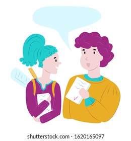 Vector isolated illustration communication between girl and boy about learning. Boy shows good mark. They have colored hair, school attributes, and speech bubble. In web design, printing, etc.