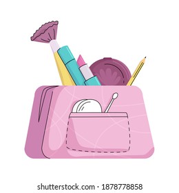 Vector isolated illustration with concept of cosmetics, makeup, face care, skin care, beauty, makeup. here is enlarged cosmetic bag with contents.