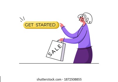 Vector Isolated Illustration Concept Of CTA Buttons, Web Design. Button Inscription Is Drawn Get Started, Character Holding Bag With Word Sale.