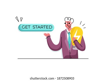 Vector isolated illustration concept of CTA buttons. Button with inscription is drawn get started, character holding burning light bulb as idea.