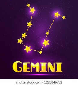 Vector isolated illustration of the constellation Gemini. Cute and funny zodiac sign on a shining star field. design element for baby items