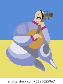 Vector isolated illustration of a Cossack playing a musical instrument on the background of the Ukrainian flag. Symbol of Ukraine.