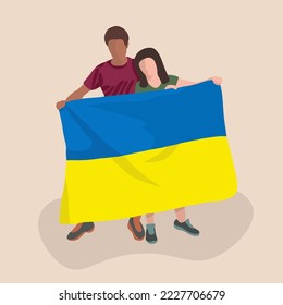 Vector isolated illustration of a couple holding Ukrainian flag.