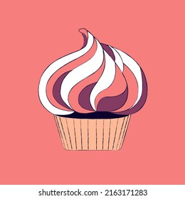 Vector isolated illustration of a creamy cupcake on a coral red background. Black sketch contour